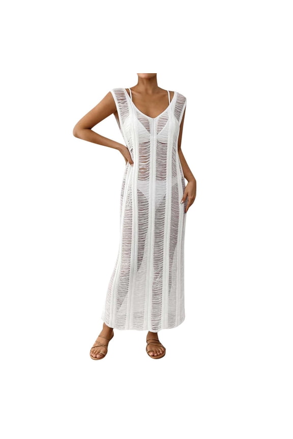 Swim Dresses for Women Tummy Control Elegant Hollow Out Maxi Loose Striped Girls Tankini Swimsuit,White,One Size