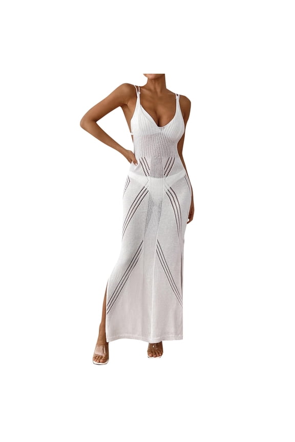 Swim Dresses for Women Tummy Control Long Sleeveless Split Maxi Adjustable Straps Slim Fit Womens Tankini Bathing Suits,White,One Size