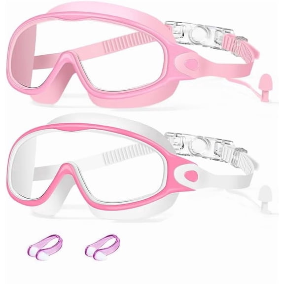 Swim Goggles 2 Pack Anti-Fog Anti-UV Wide View No Leakage Swimming Goggles for Kids 3-15 with Earplugs