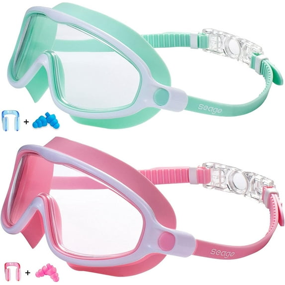 Swim Goggles 2 Pack Anti-Fog Anti-UV Wide View Swimming Goggles for Kids 3-15
