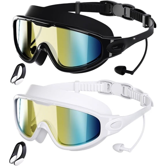 Swim Goggles, 2 Pack Anti-Fog UV Protection Large Rim Swim Goggles