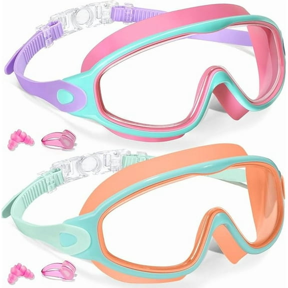 Swim Goggles 2 Pack, Kids Swimming Goggles with Earplugs&Nose Clip Wide View Anti-Fog/UV