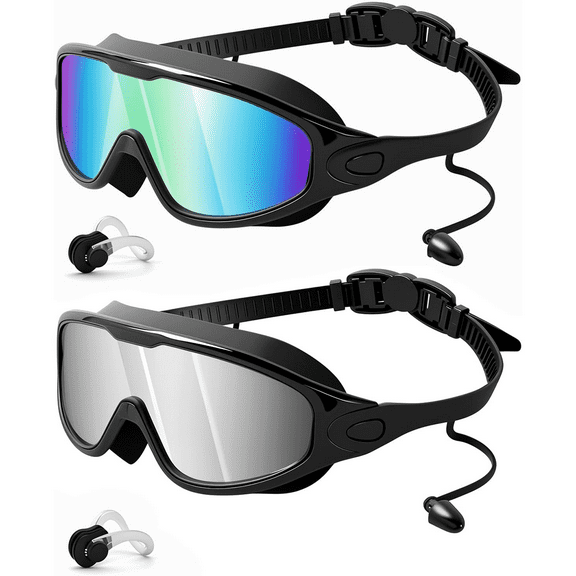 Swim Goggles 2 Pack for Adults with Earplugs & Nose Clip Anti-Fog Full-Coverage 180 °   Wide View
