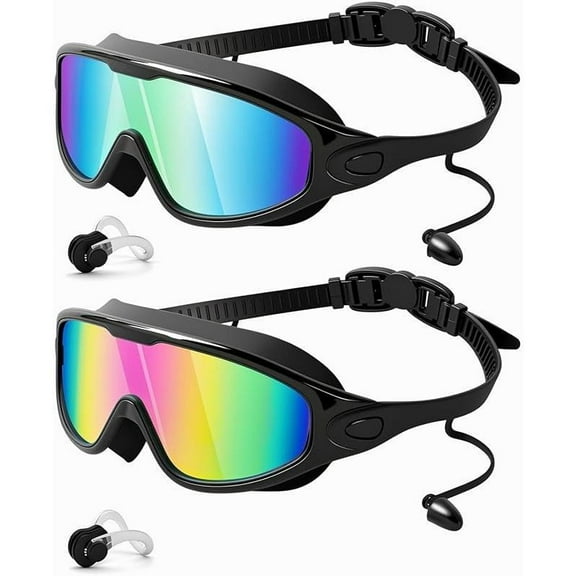 Swim Goggles 2 Pack for Adults with Earplugs & Nose Clip Anti-Fog Full-Coverage 180 °   Wide View