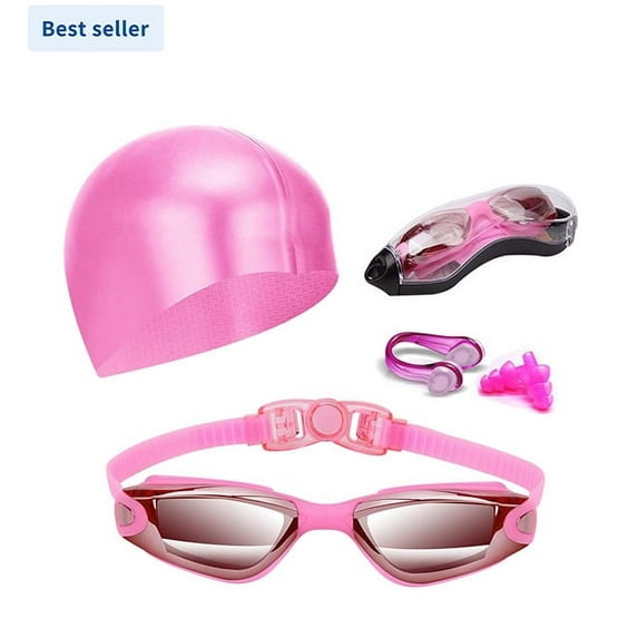 Swim Goggles Swimming Goggles No Leaking with Nose Clip, Earplugs, Swim Cap and Case for Men Women(Pink)