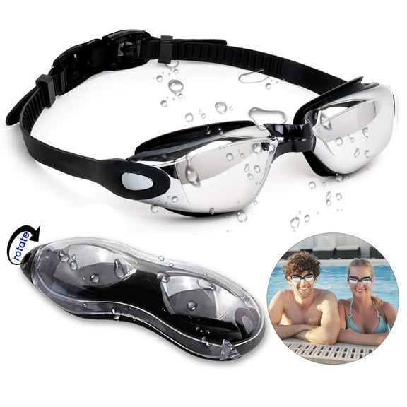 Swim Goggles, Swimming Goggles w/ Earplugs & Storage Box - Anti Fog No Leaking Swimming Goggles for Adult (Black)