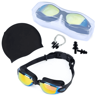 Swim Goggles and Swim Cap, Anti Fog UV Protection Swimming Goggle No Leaking, with Nose Clip, Ear Plugs, Goggles Case, Suitable for Men, Women