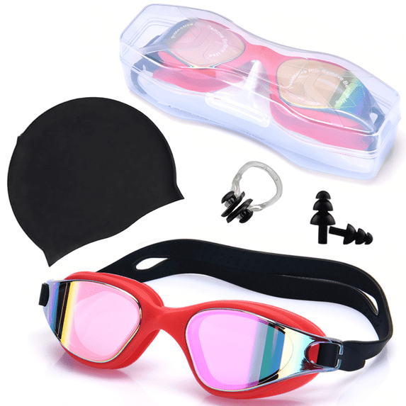 Swim Goggles and Swim Cap, Anti Fog UV Protection Swimming Goggle No Leaking, with Nose Clip, Ear Plugs, Goggles Case, Suitable for Men, Women