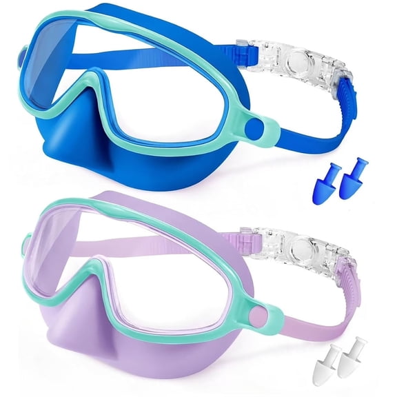 Swim Goggles with Nose Cover, 2 Pack Wide View Diving Mask Anti-Fog UV No Leak Toddlers Swimming Goggles for Kids 3-15