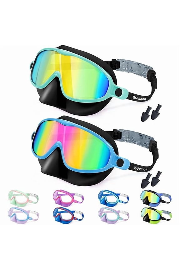 Swim Goggles with Nose Cover, 2 Pack Wide View Diving Mask Anti-Fog UV No Leak Toddlers Swimming Goggles for Kids 3-15