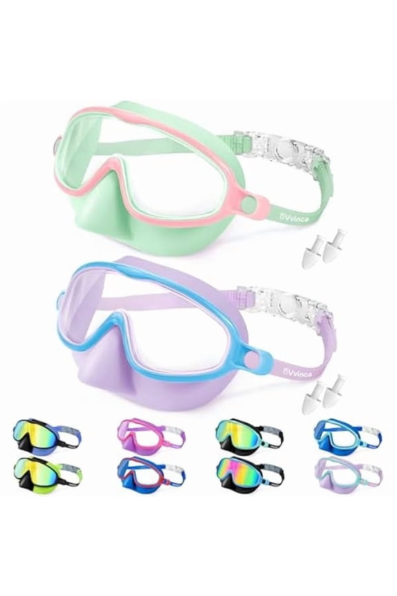 Swim Goggles with Nose Cover, 2 Pack Wide View Diving Mask Anti-Fog UV No Leak Toddlers Swimming Goggles for Kids 3-15
