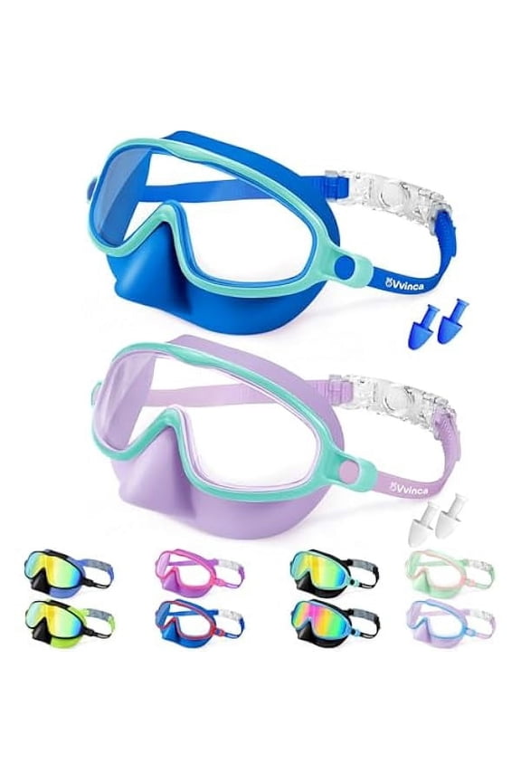 Swim Goggles with Nose Cover, 2 Pack Wide View Diving Mask Anti-Fog UV No Leak Toddlers Swimming Goggles for Kids 3-15