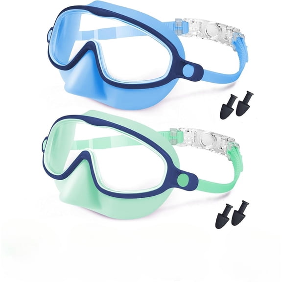 Swim Goggles with Nose Cover, 2 Pack Wide View Diving Mask Anti-Fog UV No Leak Toddlers Swimming Goggles for Kids 3-15