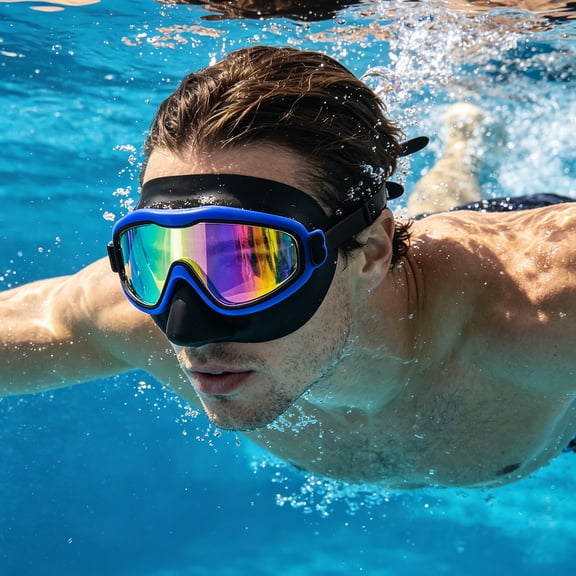 Swim Goggles with Nose Cover,No Hair Pull,UV Protection Wide View Plastic Swimming Goggles for 3-14 Kids Youth Adult