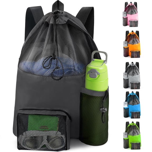 Swim Mesh Beach Bag, Waterproof Gym Bags for Women and Men, Large Pool Bag Swimming Gear Drawstring Backpack