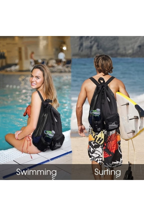 Swim Mesh Drawstring Backpack Belt Wet Bag Beach