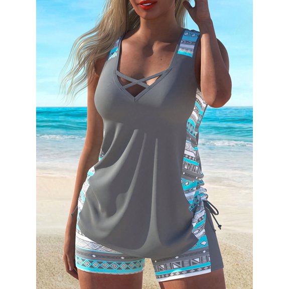 Swim Mod Women's Geometric Print 2-Piece Tankini, Tummy Control Slimming Tank Top & High Waist Shorts, Soft Breathable Bathing Suit For Summer Beach Holiday