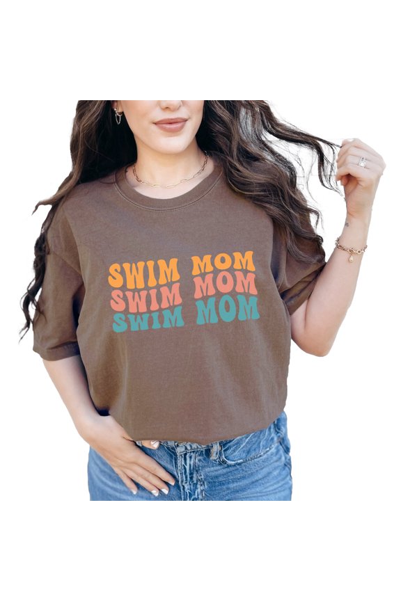 Swim Mom, Mother of a Swimmer Themed, Groovy Retro Wavy Text, Espresso Comfort Colors T-Shirt, Medium