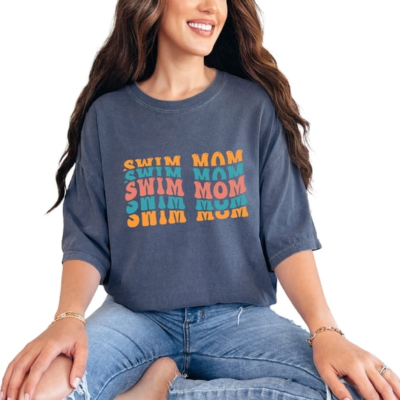 Swim Mom, Mothers of Swimmers Themed, Groovy Retro Wavy Text, Denim Comfort Colors T-Shirt, Small