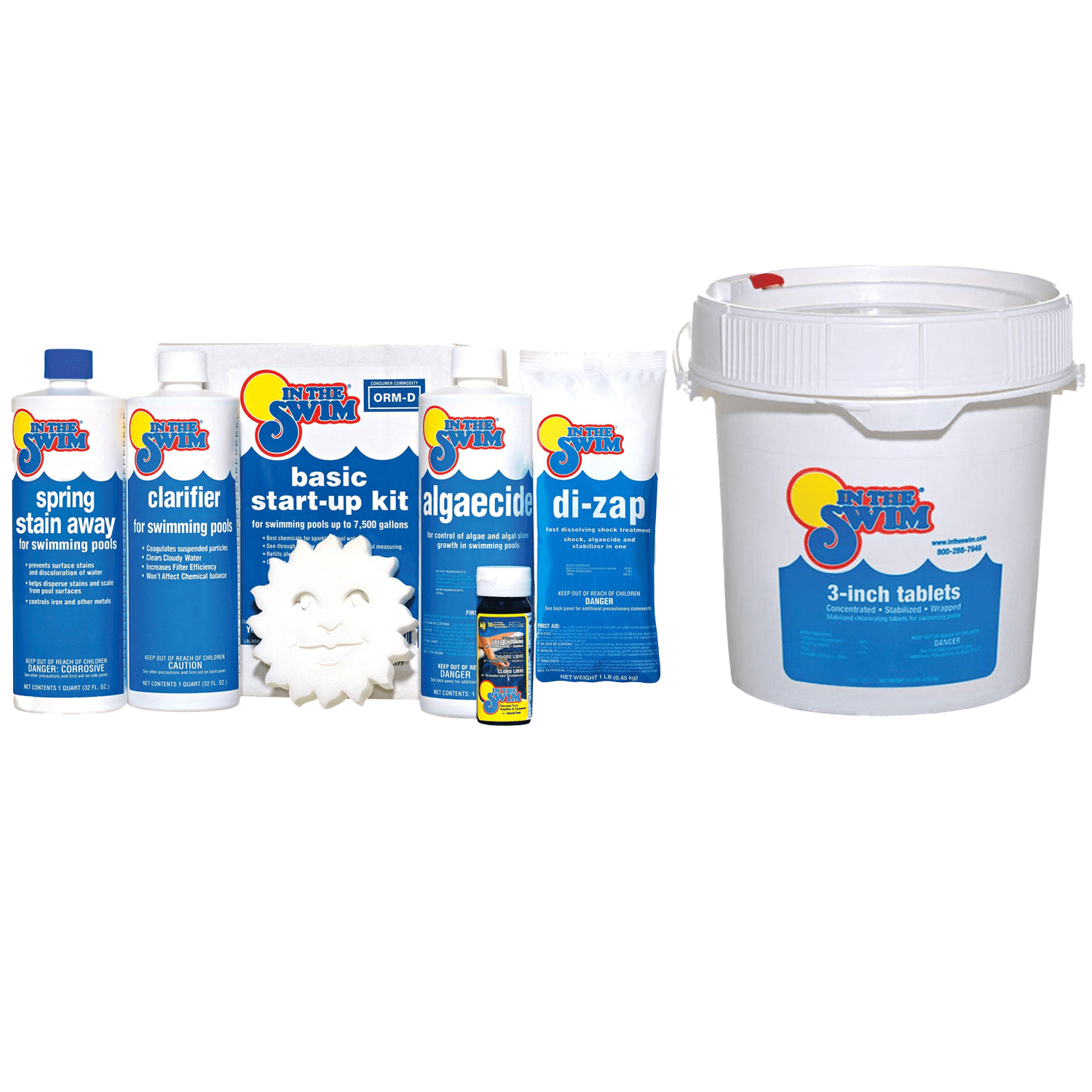 In The Swim Opening Kit and Chlorine Bundle - Pre-Measured Opening Kit for Easy Use - 5 Pound Bucket of 3-Inch Stabilized Chlorine Tablets - Inground and above Ground Pools Up to 7,500 Gallons