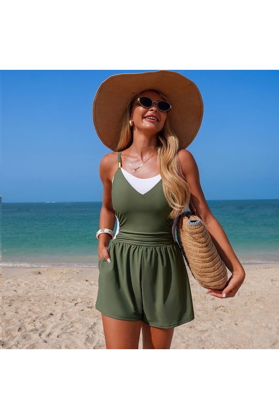 Swim Rompers for Women Tummy Control One Piece Round Neck Swimsuits with Short Modest Sporty Bathing Suit Swimwear with Pockets Army Green XXL