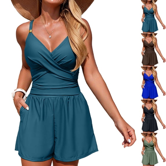 Swim Rompers for Women Tummy Control V Neck Swimsuits with Shorts One Piece Modest Bathing Suits Full Coverage Sports Jumpsuit Sports Surf Suit