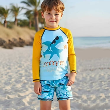 Swim Shirts for Boys Child Toddler Boys Long Sleeve Quick Dry Shark Print Rash Guard Swimwear for Beach Pool Hot Spring Toddler Bathing Suit Blue 3 Years-4 Years