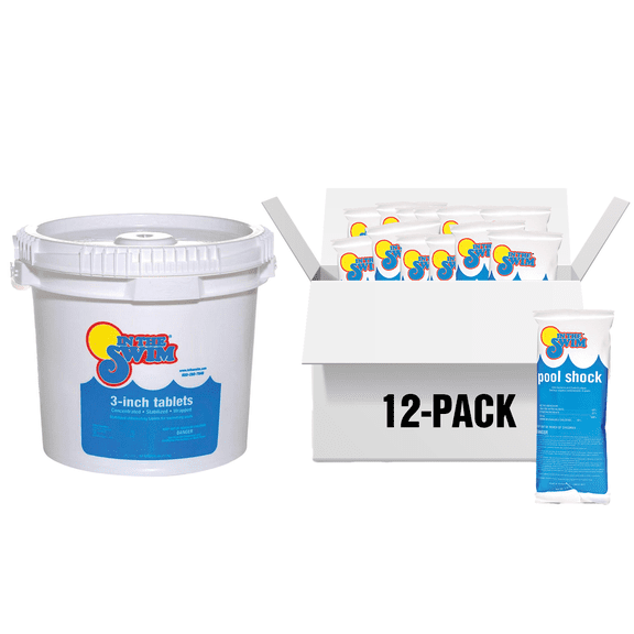 In The Swim Shock and Chlorine Bundle for Sanitizing Swimming Pools – Includes 12 x 1 Pound Bags of 68% Cal-Hypo Pool Shock and  25 Pound Bucket of 3 Inch Stabilized Chlorine Tablets ITS_25235 12X1