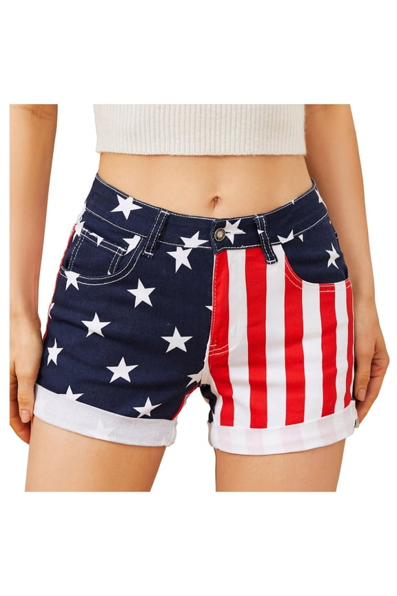 Swim Shorts Women Casual 4Th of July Gifts Flag Jorts Stretchy Womens Pants,Red,2XL
