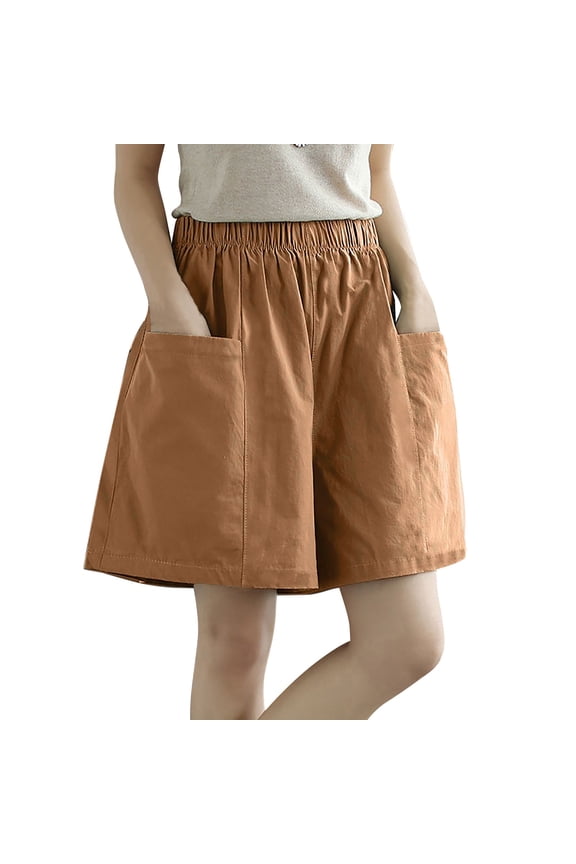 Swim Shorts Women Casual Elastic Waist Pockets Knee Length Bermuda Shorts for Women,Beige,L