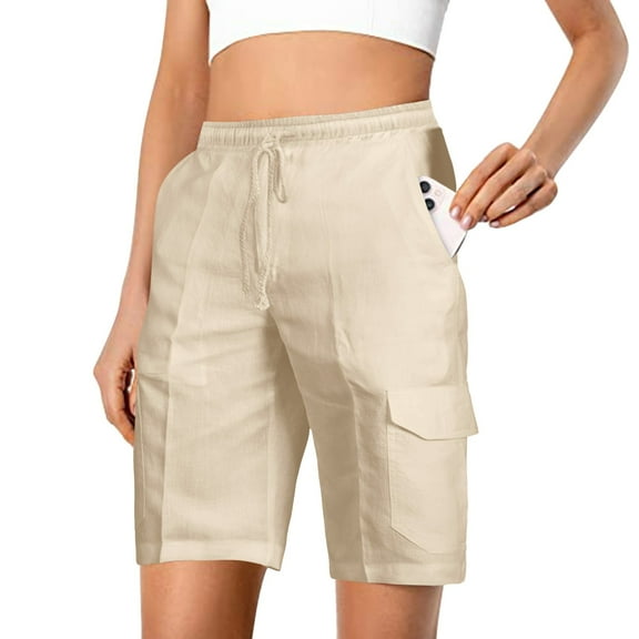 Swim Shorts Women Casual Solid Color Cargo Elastic High Waist Pockets Pleated Sea Side Swimsuit