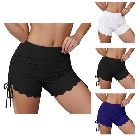 Swim Shorts Women Wave Hem High Waisted Ruched Swim Bottom Board Shorts Bathing Suit Bottoms