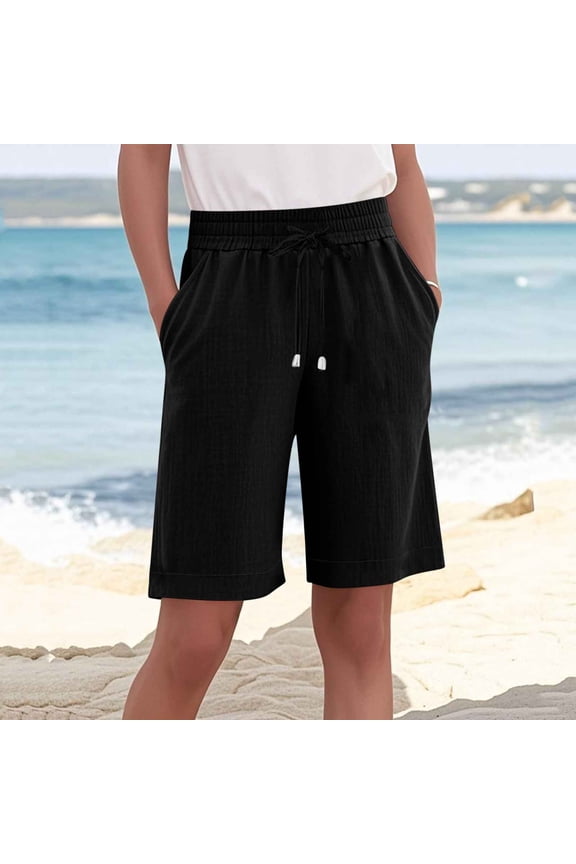Swim Shorts Women Women High Waisted Lightweight Shorts Drawstring Elastic Waist Bermuda Pants with Pockets for Casual Summer Beach Vacation Black L