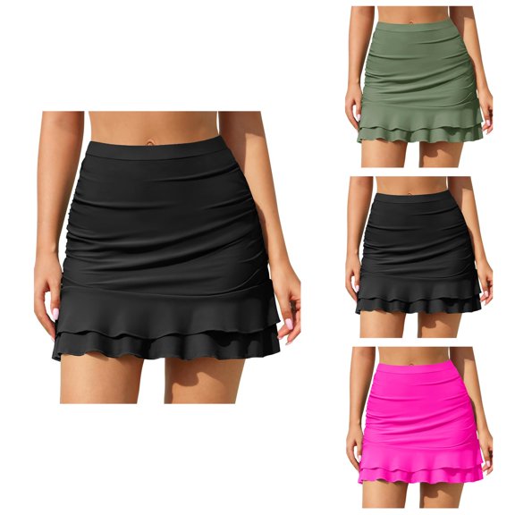 Swim Skirt For Women High Waisted Tummy Control Ruched Swimsuit Bottoms w Built In Briefs & Ruffle Skirt
