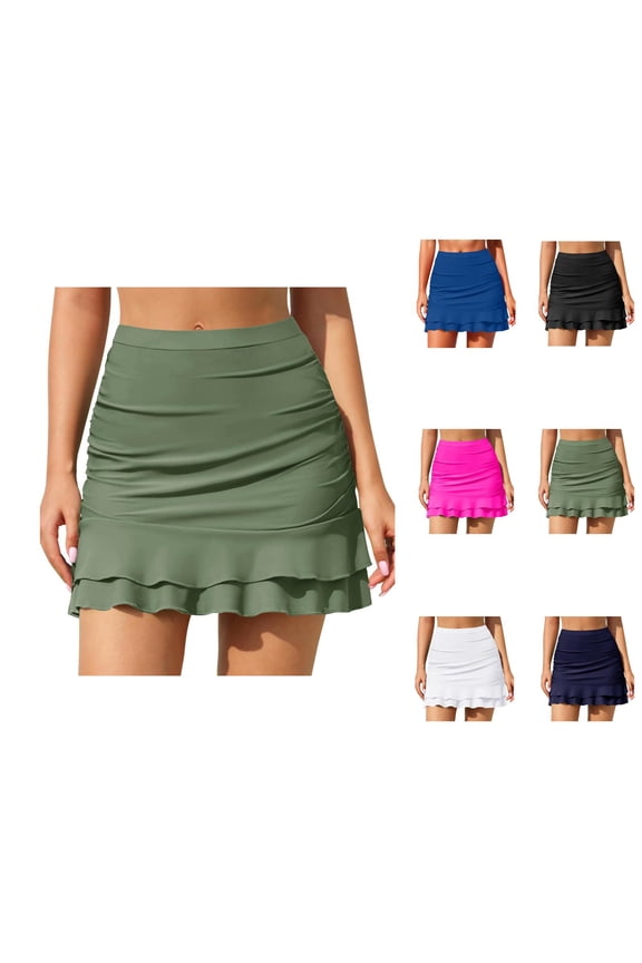 Swim Skirts for Women High Waisted Ruched Ruffle Bathing Suit Skirt with Short Tummy Control Swimsuit Bottom