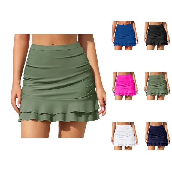 Swim Skirts for Women High Waisted Ruched Ruffle Bathing Suit Skirt with Short Tummy Control Swimsuit Bottom