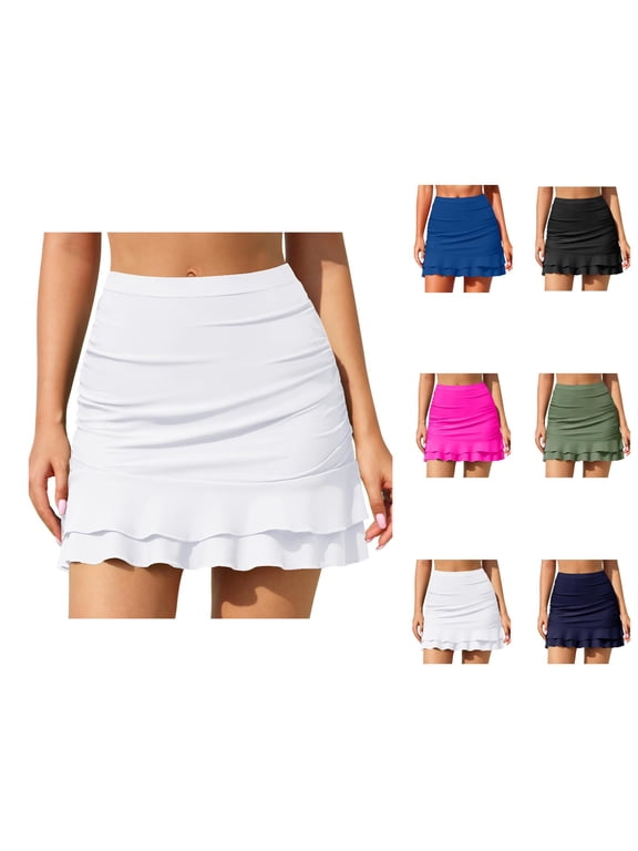 Swim Skirts for Women High Waisted Ruched Ruffle Bathing Suit Skirt with Short Tummy Control Swimsuit Bottoms