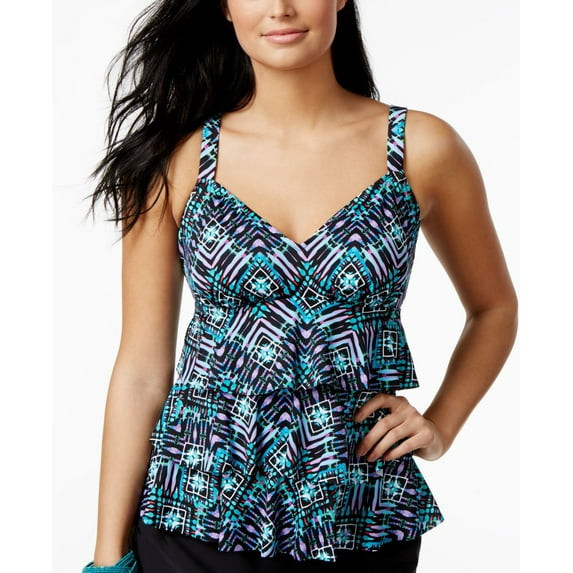 Swim Solutions BLACK Geometric-Print Tiered Tankini Swim Top, US 10