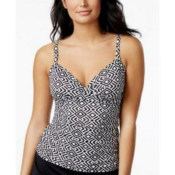 Swim Solutions BLACK/WHITE Diamond Printed Shirred Tankini Swim Top, US 10