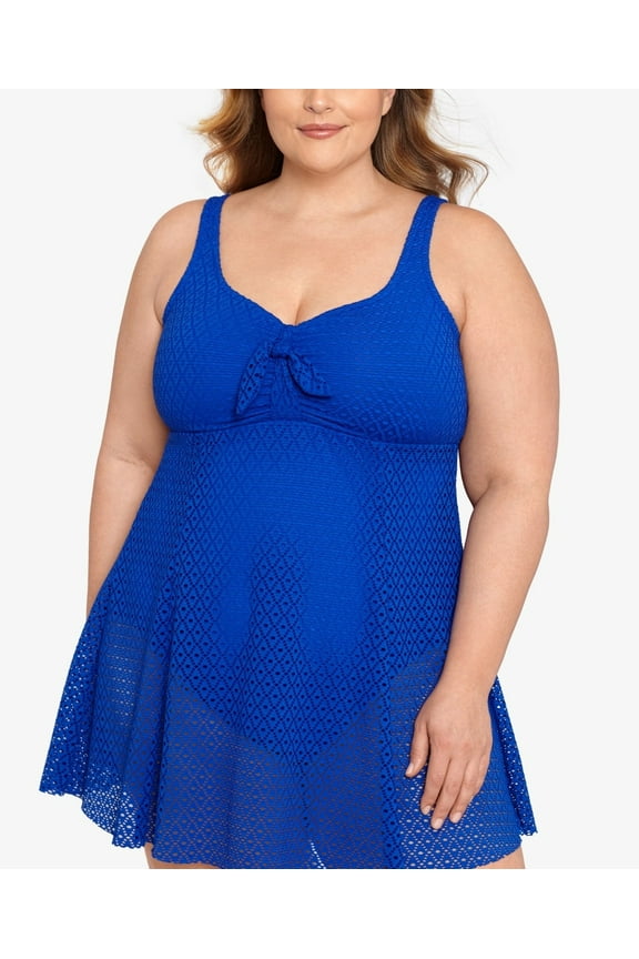 Women's Knot-Front Tummy-Control Swimdress Cobalt Blue (Cobalt Blue, 16W)