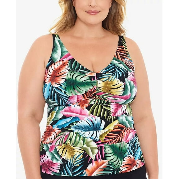 Swim Solutions EVENING PALM BLACK MULTI V-Neck Pleated Tankini Swim Top, US 24W