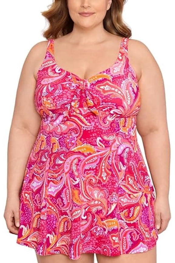 Women's Plus Size Printed Tummy-Control Bow-Front Swimdress Fuschia Pink, 20W