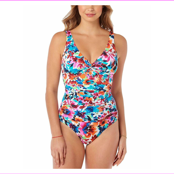 Swim Solutions Labelle Fleur Allover Slimming One-Piece Swimsuit, Multi, 14