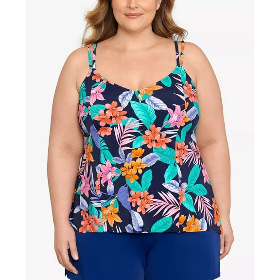 Swim Solutions NAVY MULTI Plus Size Double-Strap Princess Tankini Top, US 22W