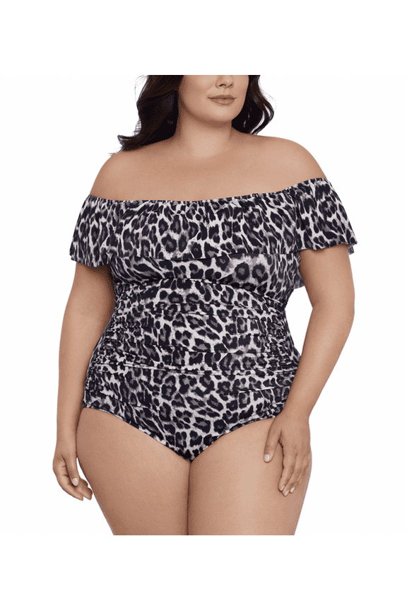 Plus Size Cheetah-Print Off-the-Shoulder One Piece Swimsuit- Leaping Leopards