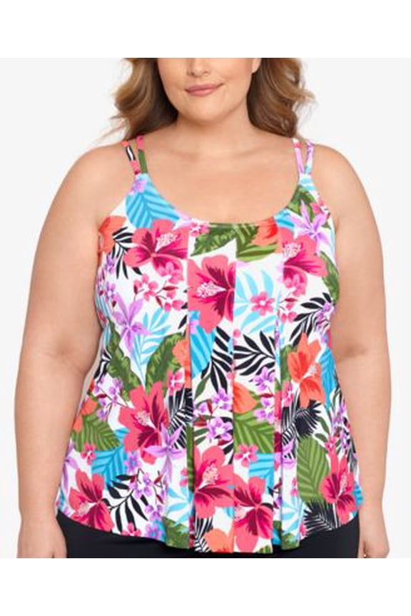 Swim Solutions Plus Size Pleated-Front Double Wild Tropics 16W