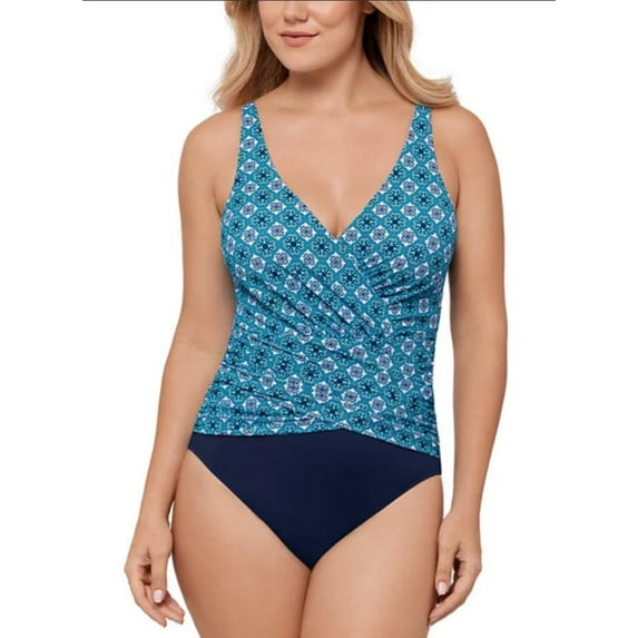 Swim Solutions Surplice Blue Tummy-Control One-Piece Swimsuit 8