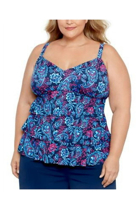 Triple Tier Multicolor Printed Tankini Top Women's Swimsuit 24W