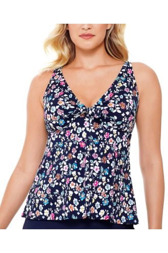 VINTAGE DITSY NAVY Daisy Printed V-Neck Bow Tankini Top, US 8