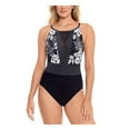 thumbnail image 1 of Swim Solutions Women's Black Printed Stretch Tummy Control High Scoop Neck Mesh Fixed Cups Adjustable Full Coverage One Piece Swimsuit 14, 1 of 2